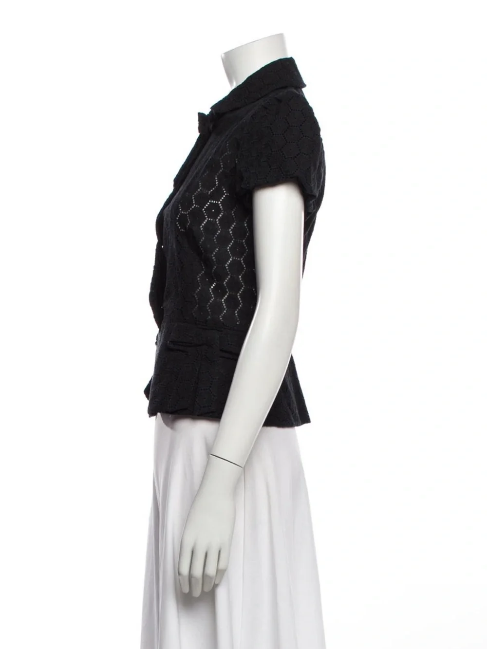 Blumarine Black Short-Sleeve Cropped Lace Blouse with Bow Collar
